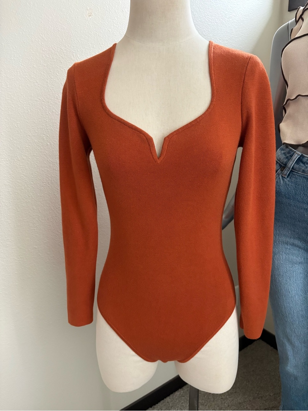 Abercrombie & Fitch Rust Long-Sleeve Notch-Neck Bodysuit